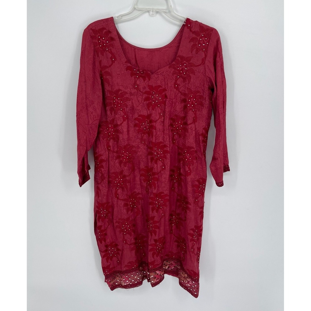Women's Red Embroidered Rhinestones 3/4 Sleeve Floral Kurti Tunic Dress Size M